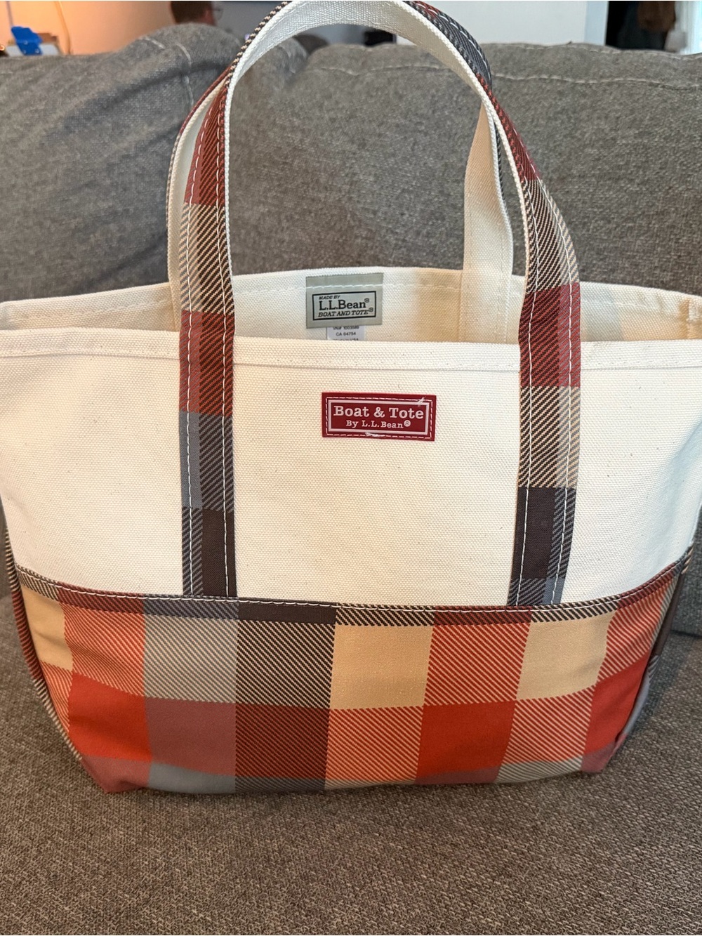 L.L. Bean Medium Plaid Boat & Tote in Cream, Red, Tan & Gray Apple Cider - Picture 2 of 7